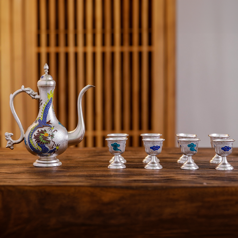 Chinese Hand-Hammered Silver Wine Set