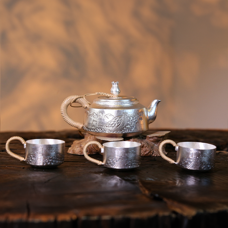 Chinese Hand-Hammered Silver Tea Set