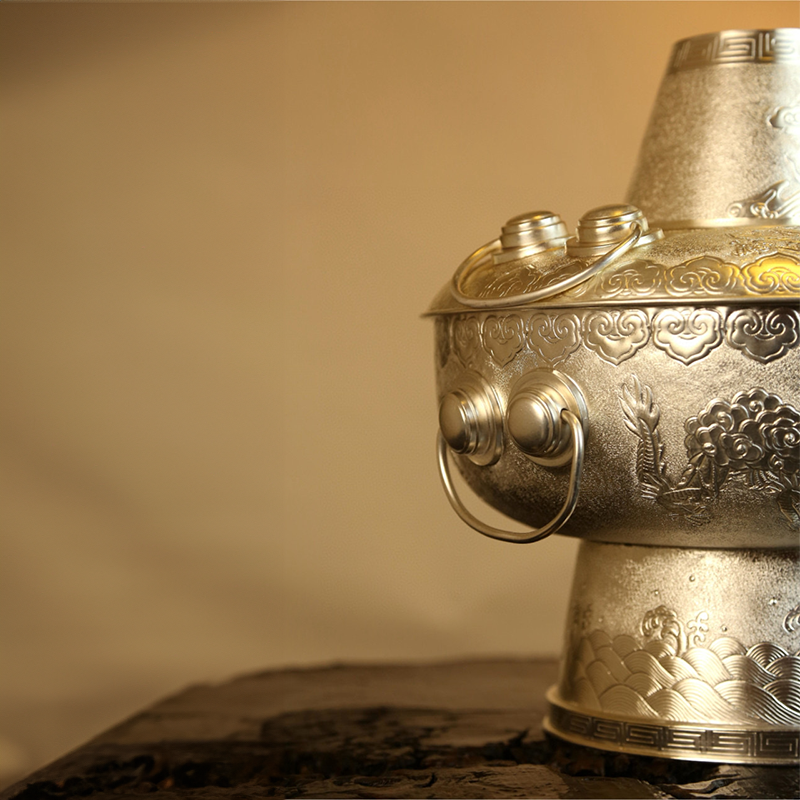Chinese Hand-Hammered Silver Hot Pot
