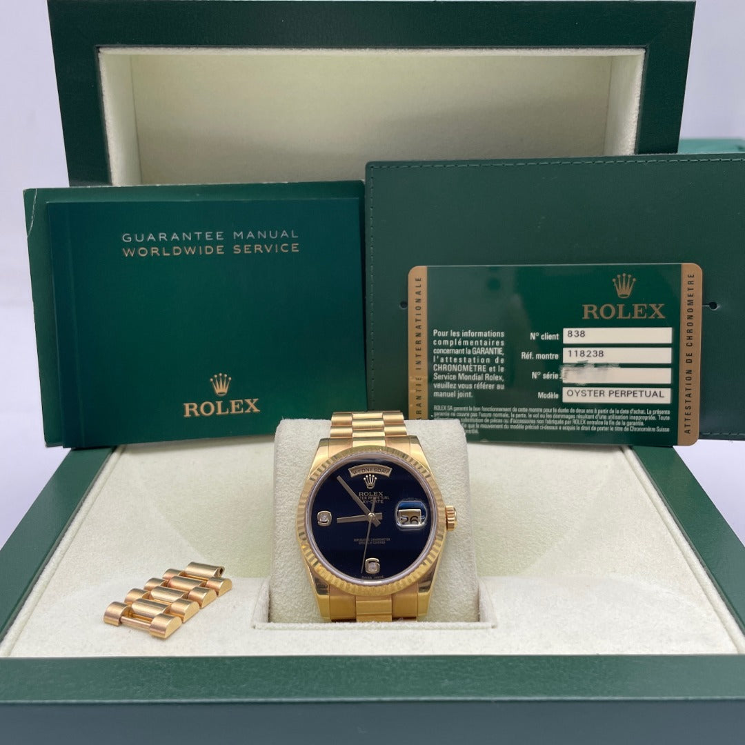 Pre-owned Rolex Day-Date 36mm Men's Watch - ref 118238 Soild 18k Gold Onyx Diamond Dial (2012)