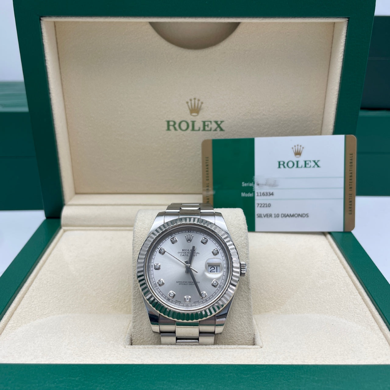 Pre-owned Rolex Datejust 41mm Men's Watch - ref 116334 Diamond-Silver Dial (2017)