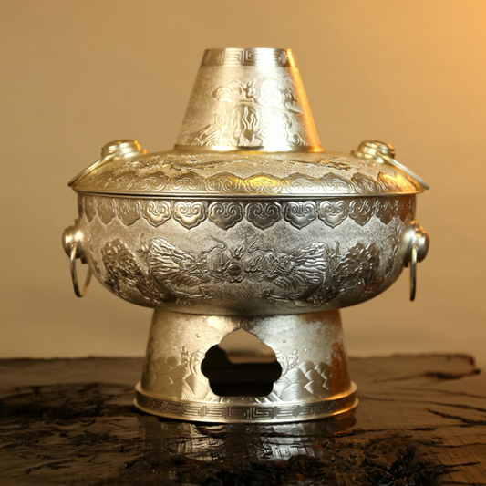 Chinese Hand-Hammered Silver Hot Pot