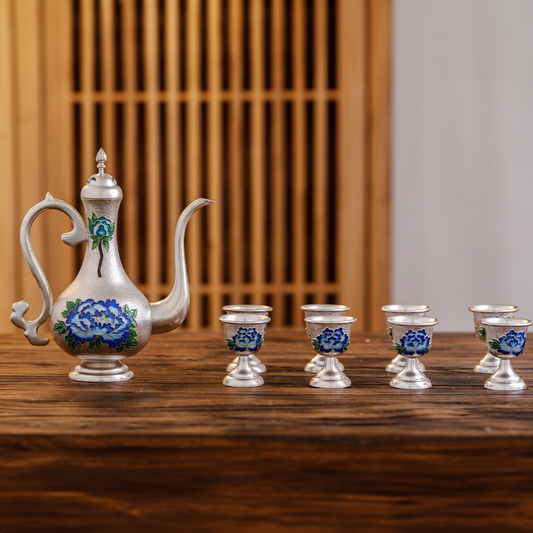 Chinese Hand-Hammered Silver Wine Set